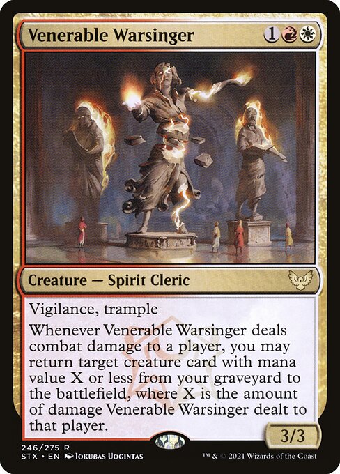 Vigilance, trample
Whenever Venerable Warsinger deals combat damage to a player, you may return target creature card with mana value X or less from your graveyard to the battlefield, where X is the amount of damage Venerable Warsinger dealt to that player.