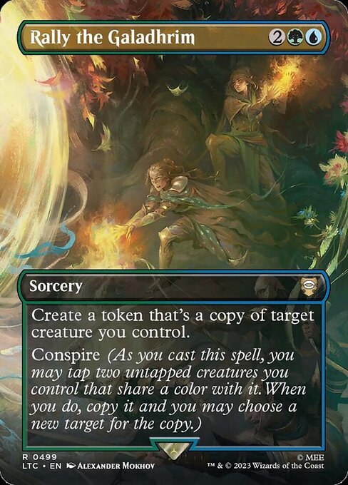 Create a token that's a copy of target creature you control.
Conspire (As you cast this spell, you may tap two untapped creatures you control that share a color with it. When you do, copy it and you may choose a new target for the copy.)