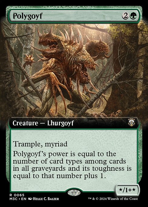 Trample, myriad (Whenever this creature attacks, for each opponent other than defending player, you may create a token copy that's tapped and attacking that player or a planeswalker they control. Exile the tokens at end of combat.)
Polygoyf's power is equal to the number of card types among cards in all graveyards and its toughness is equal to that number plus 1.
