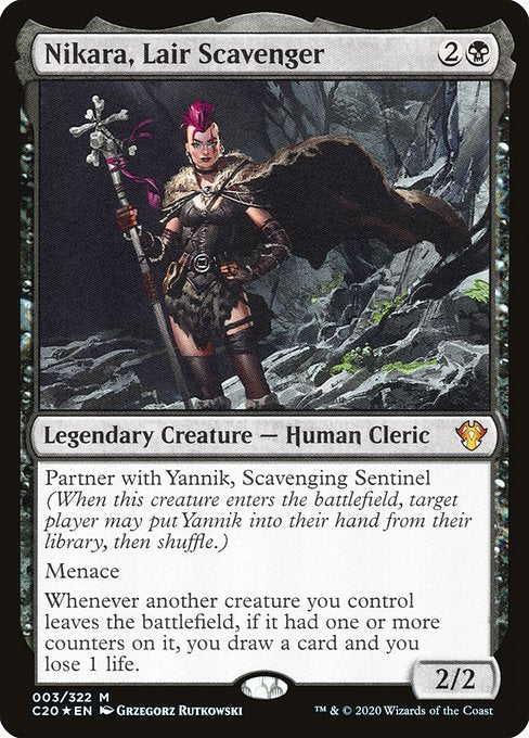 Partner with Yannik, Scavenging Sentinel (When this creature enters the battlefield, target player may put Yannik into their hand from their library, then shuffle.)
Menace
Whenever another creature you control leaves the battlefield, if it had one or more counters on it, you draw a card and you lose 1 life.