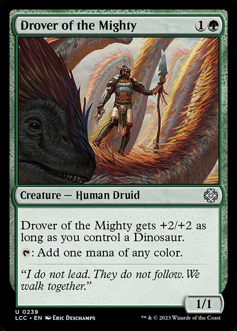 This creature gets +2/+2 as long as you control a Dinosaur.
{T}: Add one mana of any color.