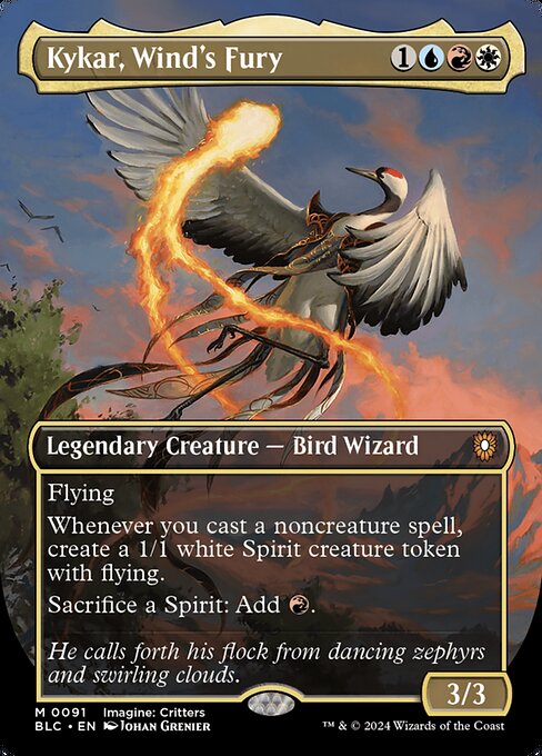 Flying
Whenever you cast a noncreature spell, create a 1/1 white Spirit creature token with flying.
Sacrifice a Spirit: Add {R}.