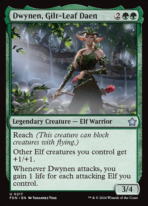 Reach (This creature can block creatures with flying.)
Other Elf creatures you control get +1/+1.
Whenever Dwynen attacks, you gain 1 life for each attacking Elf you control.