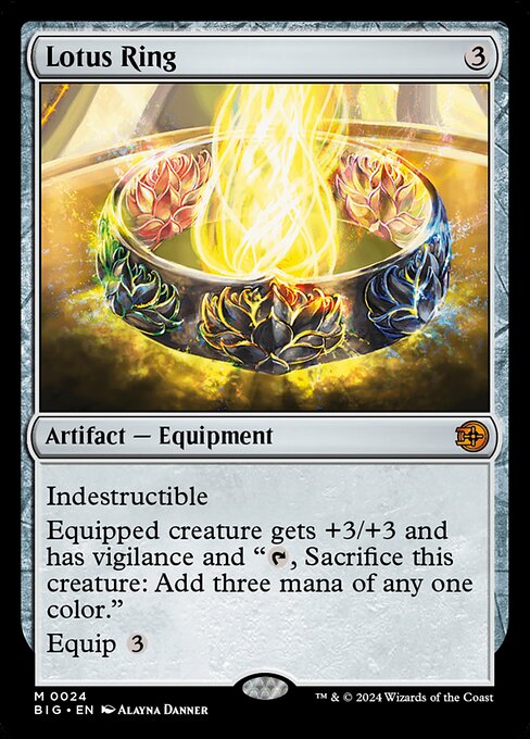 Indestructible
Equipped creature gets +3/+3 and has vigilance and "{T}, Sacrifice this creature: Add three mana of any one color."
Equip {3}
