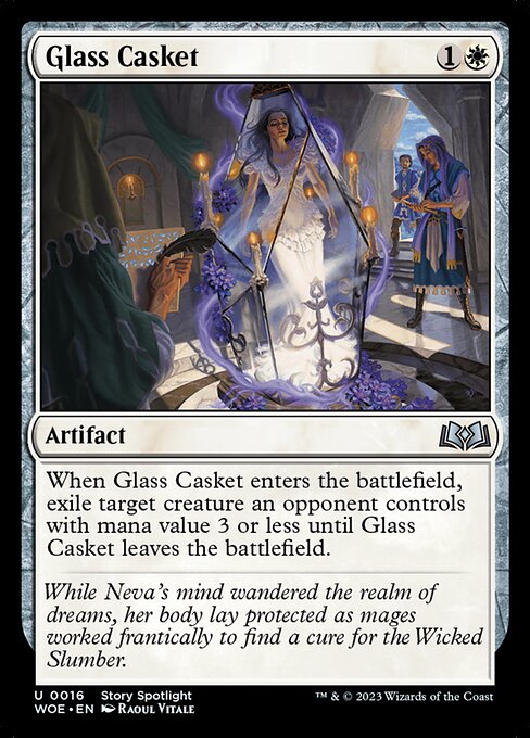 When Glass Casket enters the battlefield, exile target creature an opponent controls with mana value 3 or less until Glass Casket leaves the battlefield.