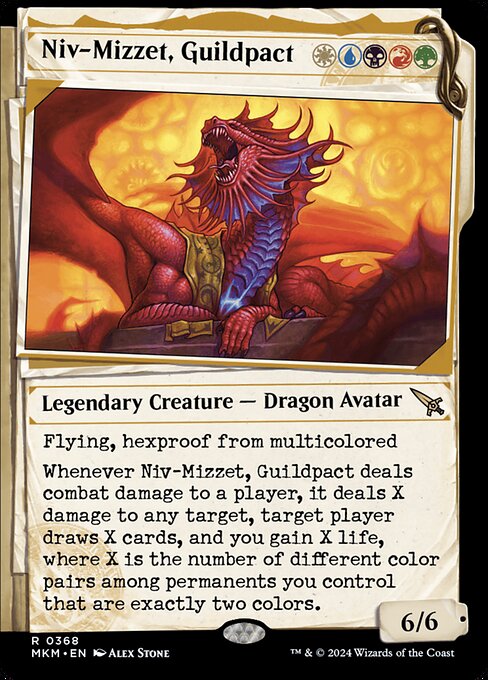 Flying, hexproof from multicolored
Whenever Niv-Mizzet, Guildpact deals combat damage to a player, it deals X damage to any target, target player draws X cards, and you gain X life, where X is the number of different color pairs among permanents you control that are exactly two colors.