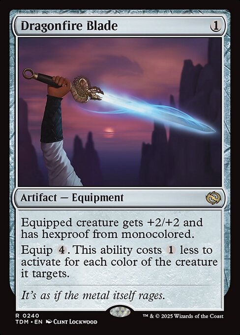 Equipped creature gets +2/+2 and has hexproof from monocolored.
Equip {4}. This ability costs {1} less to activate for each color of the creature it targets.