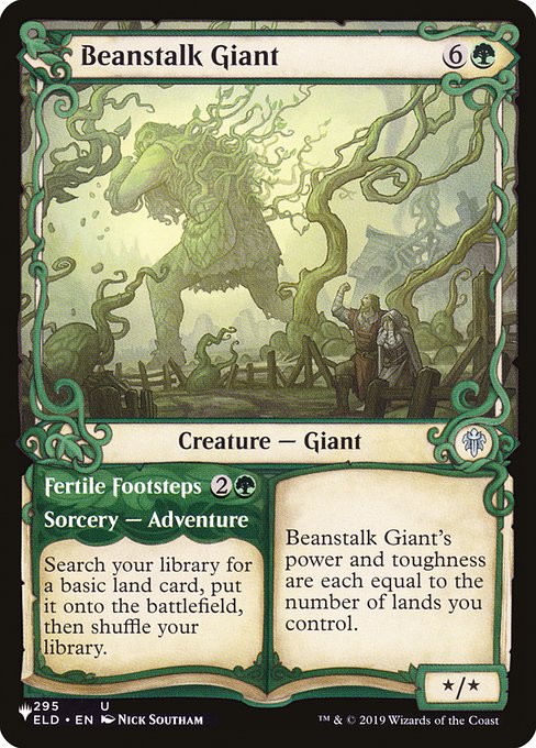 Beanstalk Giant's power and toughness are each equal to the number of lands you control. Search your library for a basic land card, put it onto the battlefield, then shuffle. (Then exile this card. You may cast the creature later from exile.)