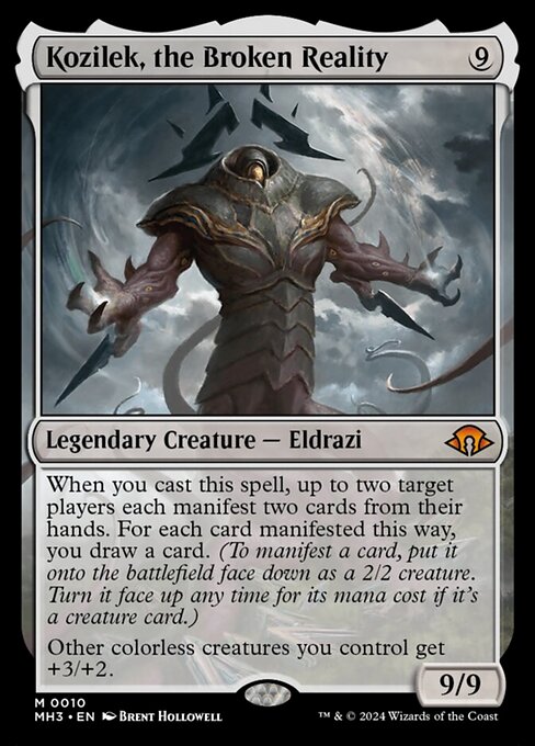 When you cast this spell, up to two target players each manifest two cards from their hands. For each card manifested this way, you draw a card. (To manifest a card, put it onto the battlefield face down as a 2/2 creature. Turn it face up any time for its mana cost if it's a creature card.)
Other colorless creatures you control get +3/+2.