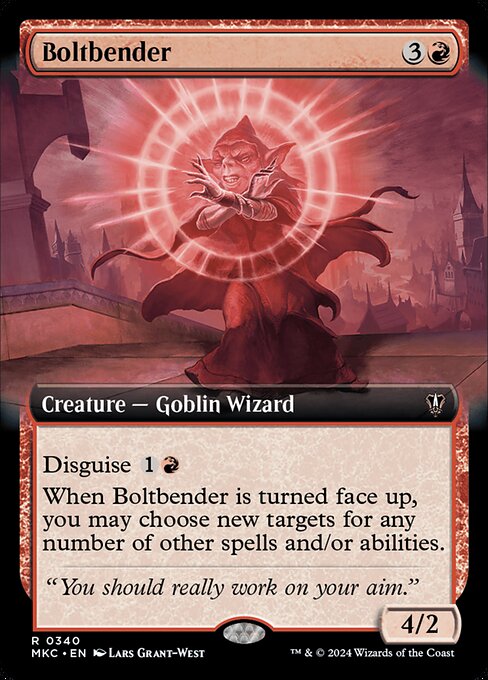 Disguise {1}{R} (You may cast this card face down for {3} as a 2/2 creature with ward {2}. Turn it face up any time for its disguise cost.)
When Boltbender is turned face up, you may choose new targets for any number of other spells and/or abilities.