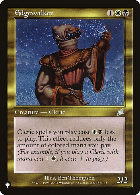 Cleric spells you cast cost {W}{B} less to cast. This effect reduces only the amount of colored mana you pay. (For example, if you cast a Cleric spell with mana cost {1}{W}, it costs {1} to cast.)