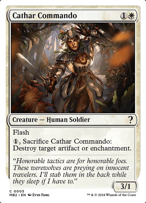 Flash
{1}, Sacrifice Cathar Commando: Destroy target artifact or enchantment.