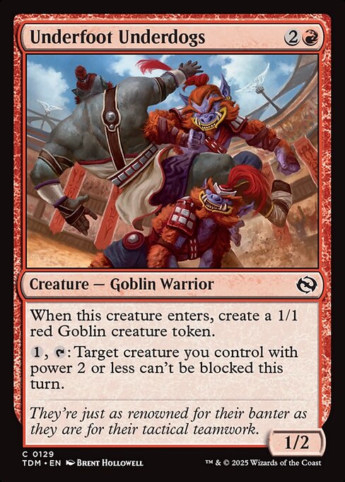 When this creature enters, create a 1/1 red Goblin creature token.
{1}, {T}: Target creature you control with power 2 or less can't be blocked this turn.