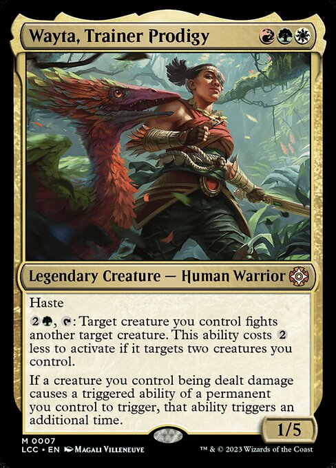 Haste
{2}{G}, {T}: Target creature you control fights another target creature. This ability costs {2} less to activate if it targets two creatures you control.
If a creature you control being dealt damage causes a triggered ability of a permanent you control to trigger, that ability triggers an additional time.