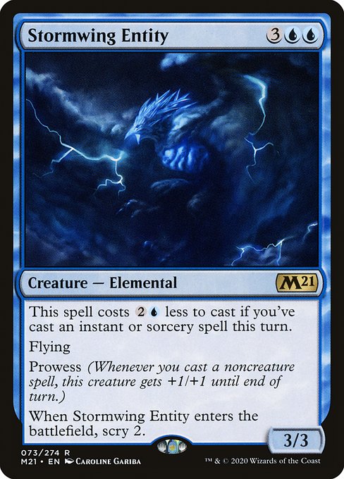 This spell costs {2}{U} less to cast if you've cast an instant or sorcery spell this turn.
Flying
Prowess (Whenever you cast a noncreature spell, this creature gets +1/+1 until end of turn.)
When Stormwing Entity enters the battlefield, scry 2.