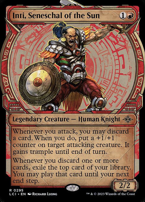 Whenever you attack, you may discard a card. When you do, put a +1/+1 counter on target attacking creature. It gains trample until end of turn.
Whenever you discard one or more cards, exile the top card of your library. You may play that card until your next end step.