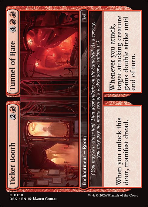 When you unlock this door, manifest dread.
(You may cast either half. That door unlocks on the battlefield. As a sorcery, you may pay the mana cost of a locked door to unlock it.) Whenever you attack, target attacking creature gains double strike until end of turn.
(You may cast either half. That door unlocks on the battlefield. As a sorcery, you may pay the mana cost of a locked door to unlock it.)