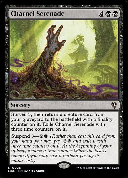 Surveil 3, then return a creature card from your graveyard to the battlefield with a finality counter on it. Exile Charnel Serenade with three time counters on it.
Suspend 3—{2}{B} (Rather than cast this card from your hand, you may pay {2}{B} and exile it with three time counters on it. At the beginning of your upkeep, remove a time counter. When the last is removed, you may cast it without paying its mana cost.)