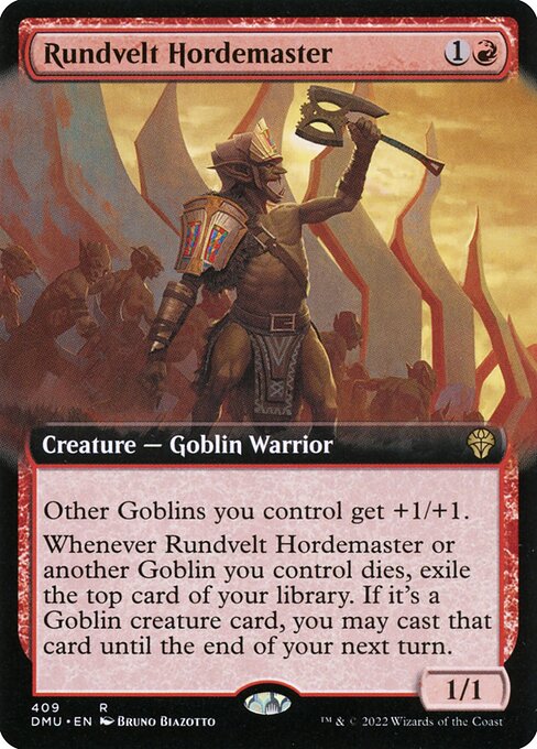 Other Goblins you control get +1/+1.
Whenever Rundvelt Hordemaster or another Goblin you control dies, exile the top card of your library. If it's a Goblin creature card, you may cast that card until the end of your next turn.