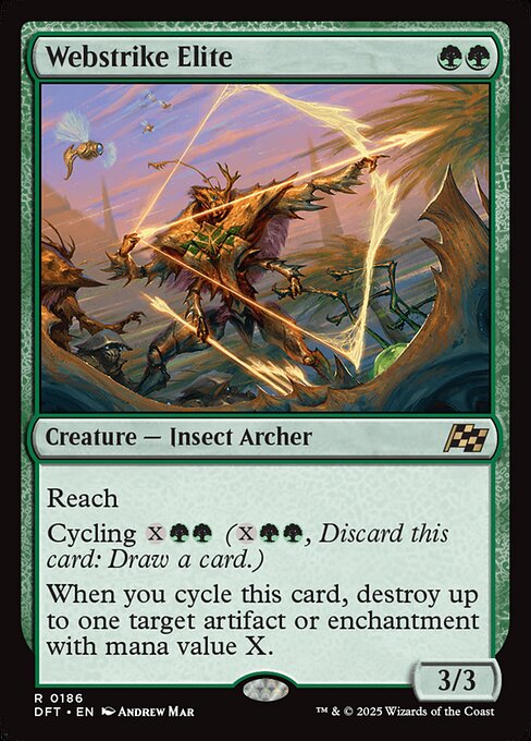 Reach
Cycling {X}{G}{G} ({X}{G}{G}, Discard this card: Draw a card.)
When you cycle this card, destroy up to one target artifact or enchantment with mana value X.