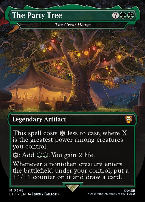 This spell costs {X} less to cast, where X is the greatest power among creatures you control.
{T}: Add {G}{G}. You gain 2 life.
Whenever a nontoken creature enters the battlefield under your control, put a +1/+1 counter on it and draw a card.