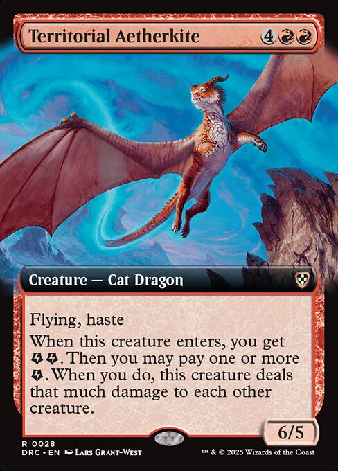 Flying, haste
When this creature enters, you get {E}{E} (two energy counters). Then you may pay one or more {E}. When you do, this creature deals that much damage to each other creature.