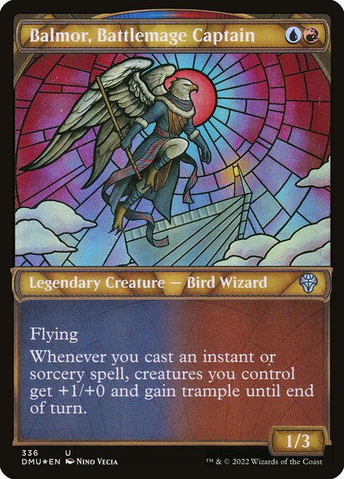 Flying
Whenever you cast an instant or sorcery spell, creatures you control get +1/+0 and gain trample until end of turn.