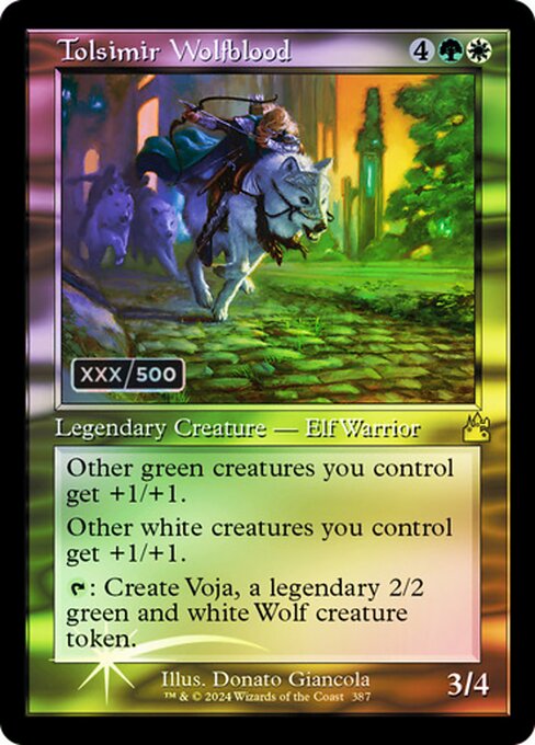 Other green creatures you control get +1/+1.
Other white creatures you control get +1/+1.
{T}: Create Voja, a legendary 2/2 green and white Wolf creature token.