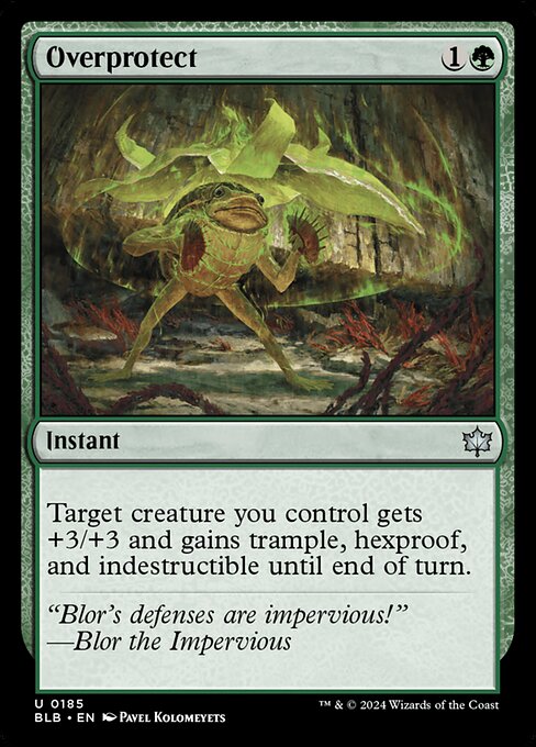 Target creature you control gets +3/+3 and gains trample, hexproof, and indestructible until end of turn.