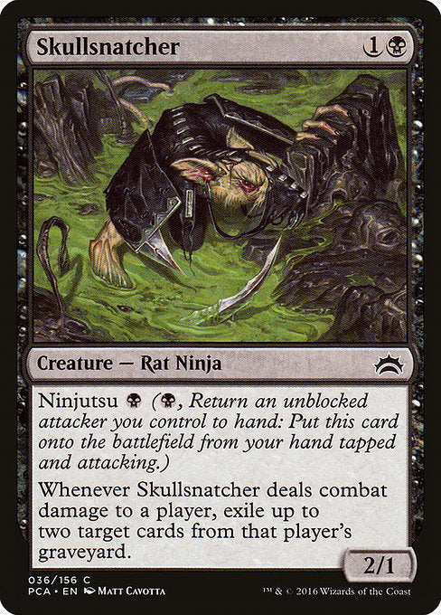 Ninjutsu {B} ({B}, Return an unblocked attacker you control to hand: Put this card onto the battlefield from your hand tapped and attacking.)
Whenever Skullsnatcher deals combat damage to a player, exile up to two target cards from that player's graveyard.