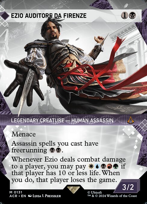 Menace
Assassin spells you cast have freerunning {B}{B}. (You may cast a spell for its freerunning cost if you dealt combat damage to a player this turn with an Assassin or commander.)
Whenever Ezio deals combat damage to a player, you may pay {W}{U}{B}{R}{G} if that player has 10 or less life. When you do, that player loses the game.