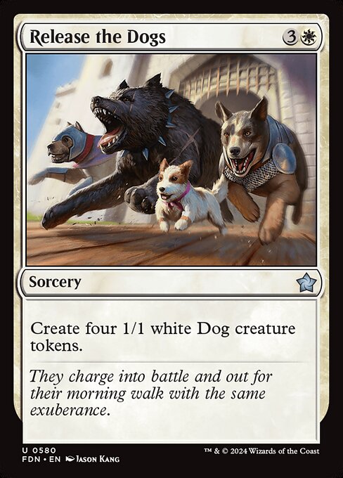 Create four 1/1 white Dog creature tokens.