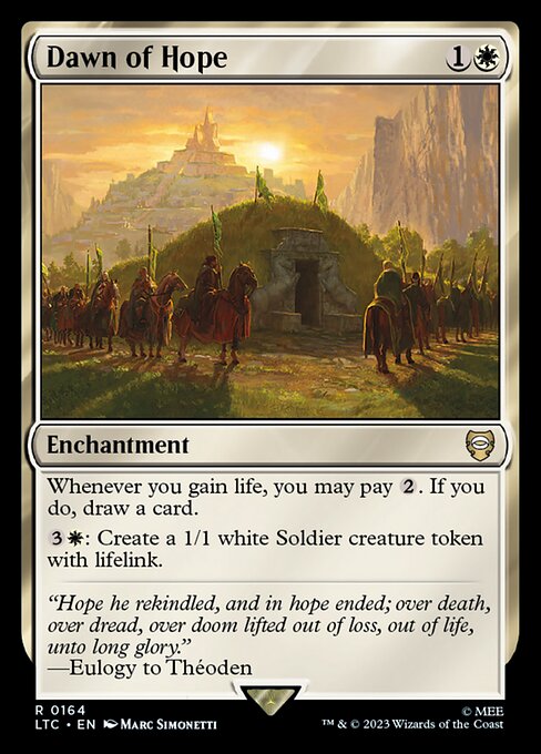 Whenever you gain life, you may pay {2}. If you do, draw a card.
{3}{W}: Create a 1/1 white Soldier creature token with lifelink.