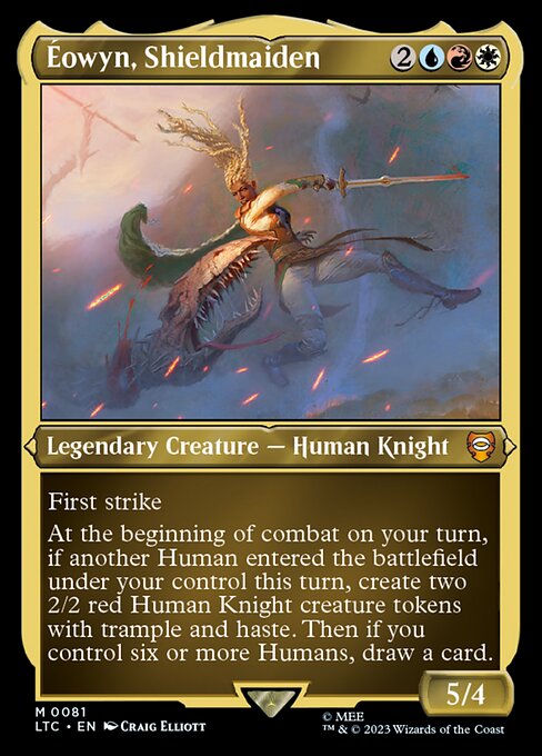First strike
At the beginning of combat on your turn, if another Human entered the battlefield under your control this turn, create two 2/2 red Human Knight creature tokens with trample and haste. Then if you control six or more Humans, draw a card.