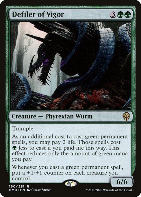 Trample
As an additional cost to cast green permanent spells, you may pay 2 life. Those spells cost {G} less to cast if you paid life this way. This effect reduces only the amount of green mana you pay.
Whenever you cast a green permanent spell, put a +1/+1 counter on each creature you control.