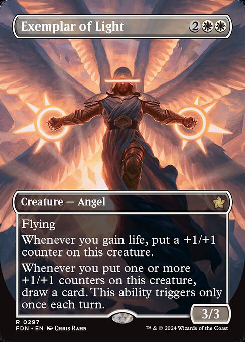 Flying
Whenever you gain life, put a +1/+1 counter on this creature.
Whenever you put one or more +1/+1 counters on this creature, draw a card. This ability triggers only once each turn.