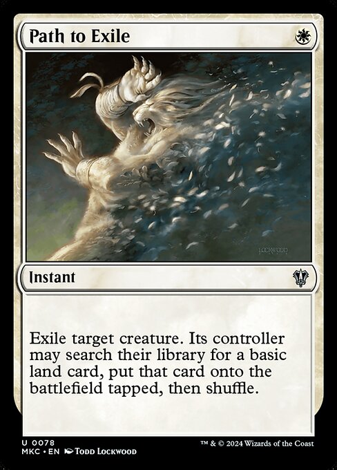 Exile target creature. Its controller may search their library for a basic land card, put that card onto the battlefield tapped, then shuffle.