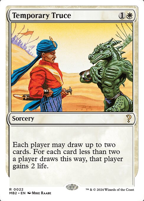 Each player may draw up to two cards. For each card less than two a player draws this way, that player gains 2 life.