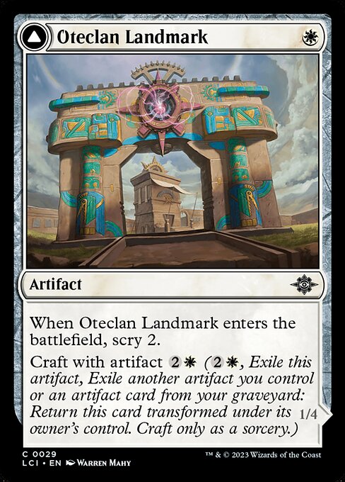 When Oteclan Landmark enters the battlefield, scry 2.
Craft with artifact {2}{W} ({2}{W}, Exile this artifact, Exile another artifact you control or an artifact card from your graveyard: Return this card transformed under its owner's control. Craft only as a sorcery.) Flying
Whenever Oteclan Levitator attacks, target attacking creature without flying gains flying until end of turn.