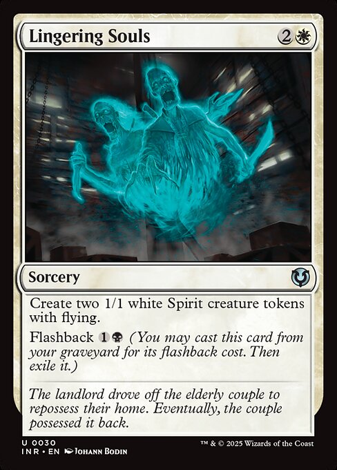 Create two 1/1 white Spirit creature tokens with flying.
Flashback {1}{B} (You may cast this card from your graveyard for its flashback cost. Then exile it.)