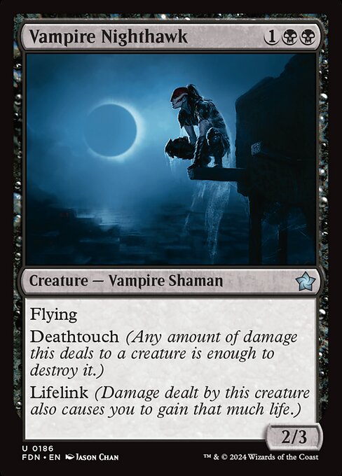 Flying
Deathtouch (Any amount of damage this deals to a creature is enough to destroy it.)
Lifelink (Damage dealt by this creature also causes you to gain that much life.)