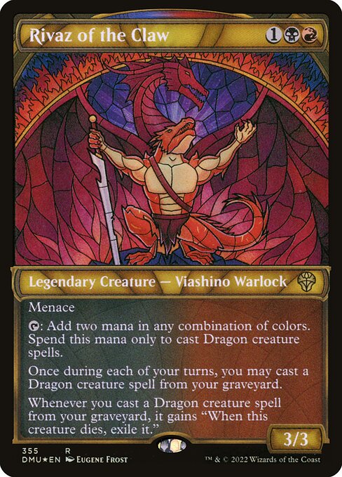 Menace
{T}: Add two mana in any combination of colors. Spend this mana only to cast Dragon creature spells.
Once during each of your turns, you may cast a Dragon creature spell from your graveyard.
Whenever you cast a Dragon creature spell from your graveyard, it gains "When this creature dies, exile it."