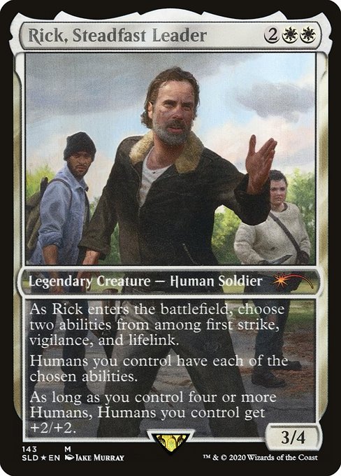As Greymond, Avacyn's Stalwart enters the battlefield, choose two abilities from among first strike, vigilance, and lifelink.
Humans you control have each of the chosen abilities.
As long as you control four or more Humans, Humans you control get +2/+2.