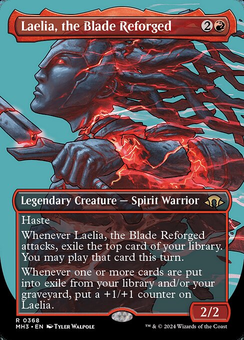 Haste
Whenever Laelia, the Blade Reforged attacks, exile the top card of your library. You may play that card this turn.
Whenever one or more cards are put into exile from your library and/or your graveyard, put a +1/+1 counter on Laelia.
