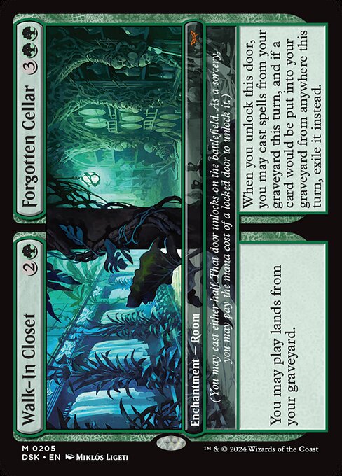 You may play lands from your graveyard.
(You may cast either half. That door unlocks on the battlefield. As a sorcery, you may pay the mana cost of a locked door to unlock it.) When you unlock this door, you may cast spells from your graveyard this turn, and if a card would be put into your graveyard from anywhere this turn, exile it instead.
(You may cast either half. That door unlocks on the battlefield. As a sorcery, you may pay the mana cost of a locked door to unlock it.)