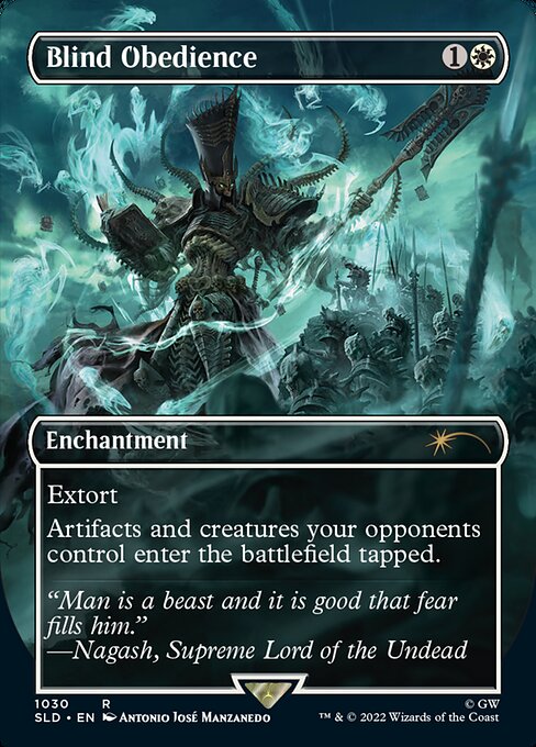 Extort (Whenever you cast a spell, you may pay {W/B}. If you do, each opponent loses 1 life and you gain that much life.)
Artifacts and creatures your opponents control enter the battlefield tapped.