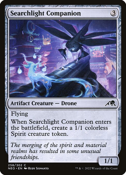 Flying
When Searchlight Companion enters the battlefield, create a 1/1 colorless Spirit creature token.