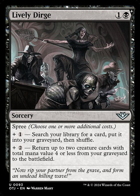 Spree (Choose one or more additional costs.)
+ {1} — Search your library for a card, put it into your graveyard, then shuffle.
+ {2} — Return up to two creature cards with total mana value 4 or less from your graveyard to the battlefield.