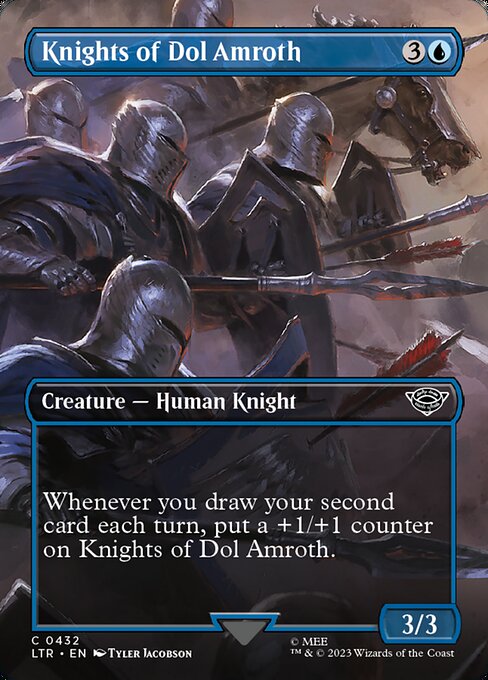 Whenever you draw your second card each turn, put a +1/+1 counter on Knights of Dol Amroth.