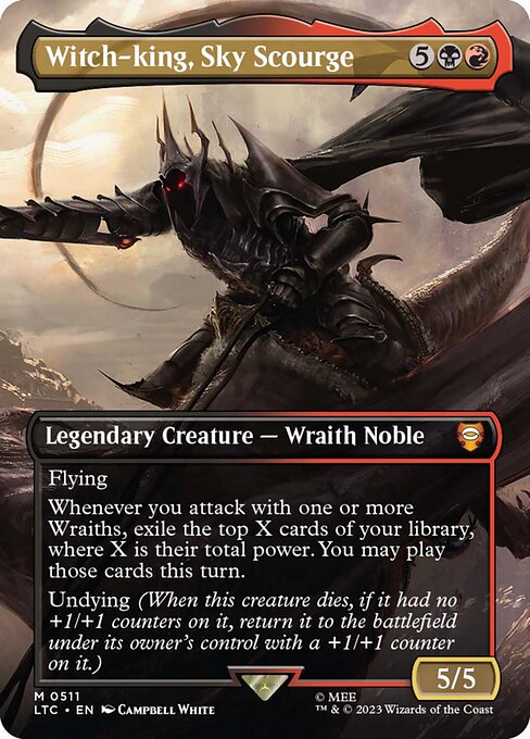 Flying
Whenever you attack with one or more Wraiths, exile the top X cards of your library, where X is their total power. You may play those cards this turn.
Undying (When this creature dies, if it had no +1/+1 counters on it, return it to the battlefield under its owner's control with a +1/+1 counter on it.)